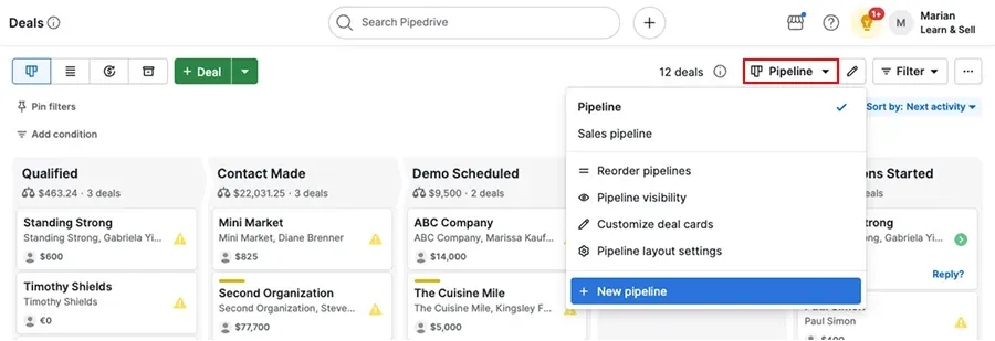 Kanban view of deals in the pipedrive